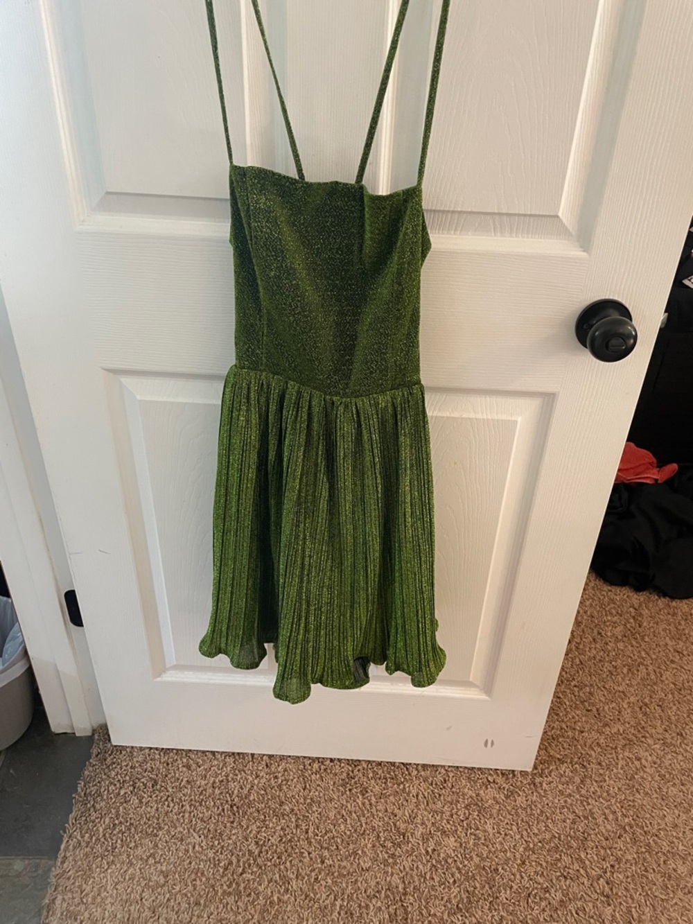 Lulu's Olive Green Metallic Spaghetti Strap Pleated Mini Dress